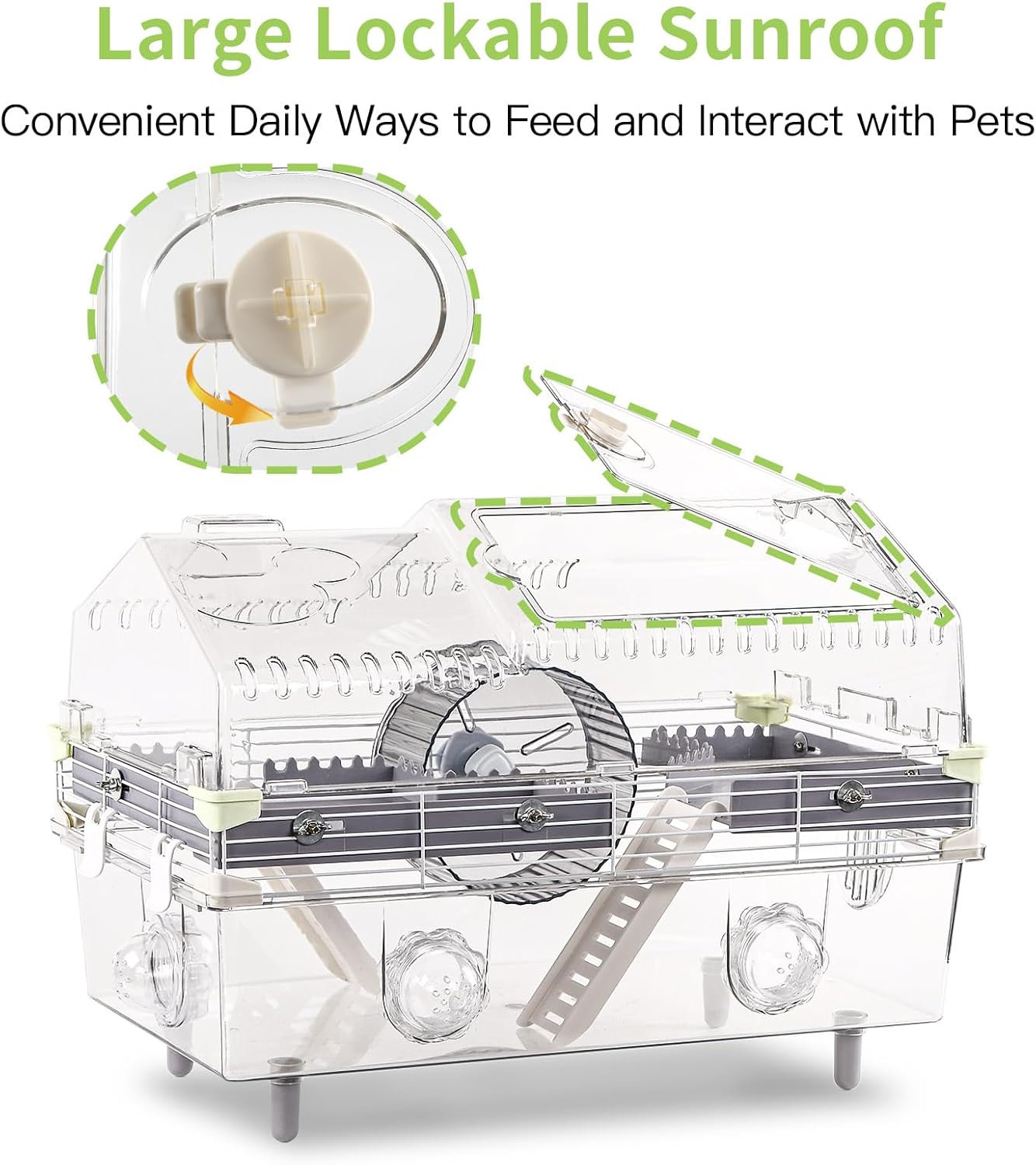 Large Multilevel Hamster Cage 22x12x15in for Dwarf Hamster Robo Hamster with 2 Platforms, Exercise Wheel, 3 Connectable Tube Ports, 2 Ladders, Sunroof Door, Plastic Metal Wire, Clear/Gray - Happypetzone.online - Image 4