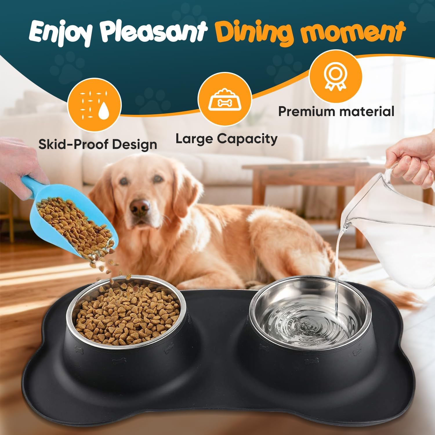 Bonve Pet Double Dog Food Bowls Stainless Steel & Water Dish with No-Spill and Non-Slip Silicone Mat, Removable Puppy Feeder Bowls for Small Medium Size Cat Dogs Kitten,14oz - Happypetzone.online - Image 2