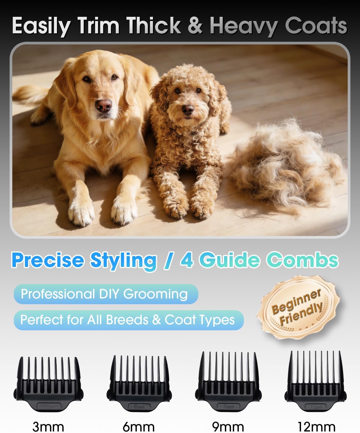 M&M STAR Dog Grooming Kit, Low Noise Dog Clippers, 2-Speed IPX7 Waterproof, Rechargeable Cordless Pet Hair Clippers Trimmer Shaver with LED Display for Small Large Dogs Cats, Gold - Happypetzone.online - Image 6
