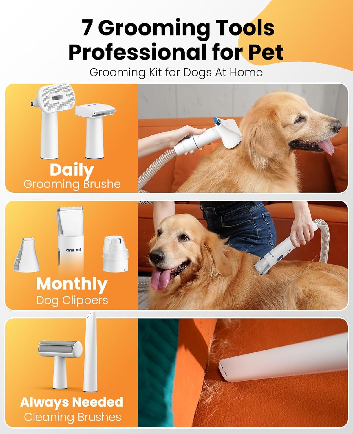 oneisall Dog Grooming Vacuum, 13000Pa Powerful 3L Dust Cup Pet Vacuum with Clipper Nail Grinder & Shedding Brush, 7 in 1 Dog Grooming Kits, Quiet, Large Capacity 3 Suction Levels, BM3 - Happypetzone.online - Image 2