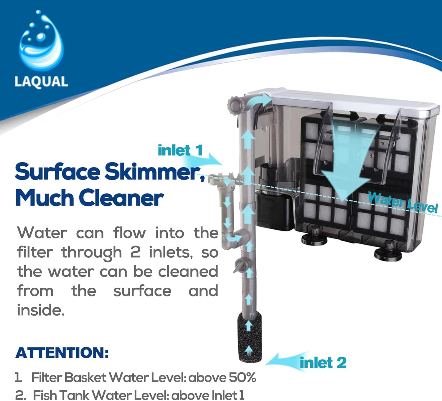 LAQUAL Aquarium Filter with Surface Skimmer, 30-50 Gallon Small Fish Tank Filter, Full Contact & 3 Layer Filtration, Quiet & Efficient, Waterfall Design for Increasing Oxygen, Hang on Back Filter - Happypetzone.online - Image 6