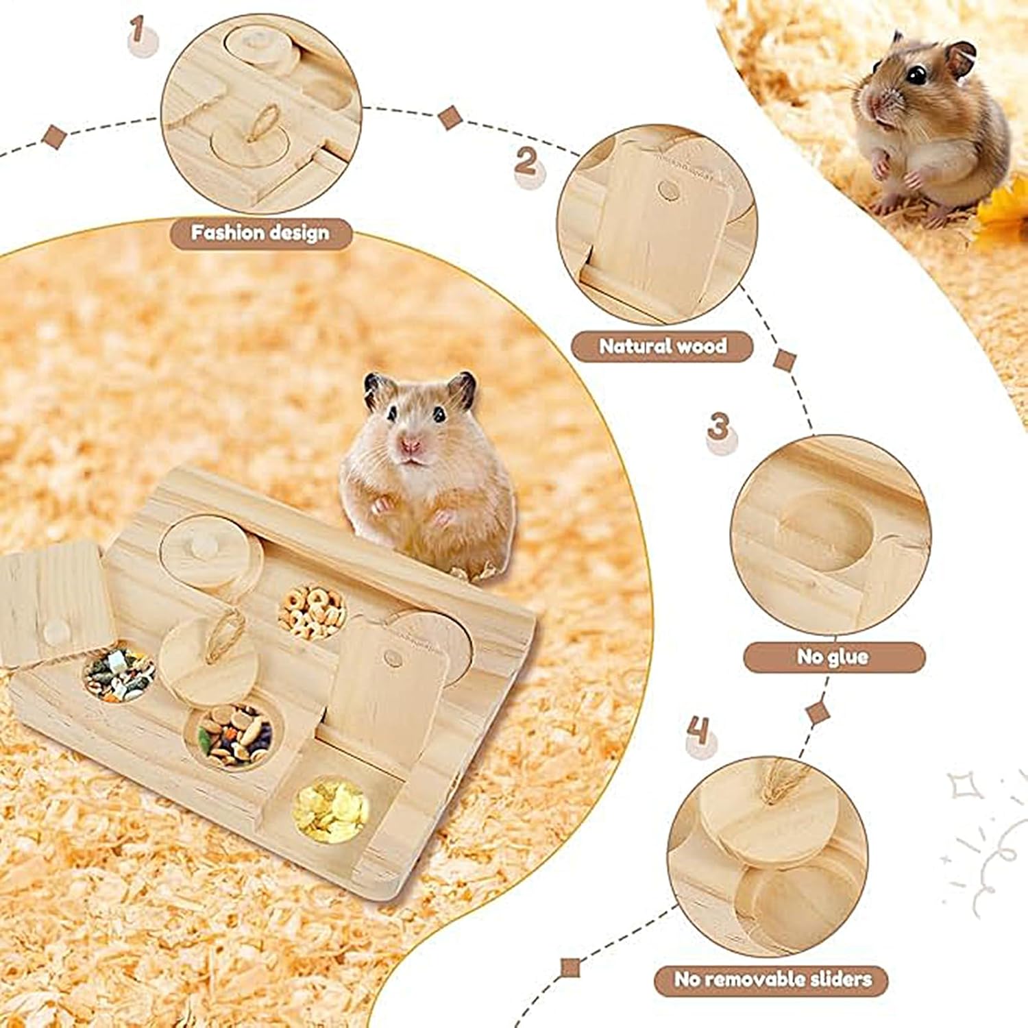 Cute Pet Puzzle Toys - Hamster Brain Trainer, Single Pitted Board for Food Discovery, Organic Birch Feeder with Hidden Chambers, Accessory, Natural Plaything for Scenting, Foraging & Burrowing - Happypetzone.online - Image 5