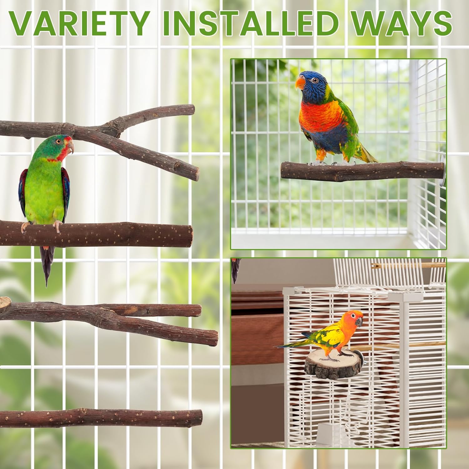 BILLIOTEAM 9PCS Apple Wood Bird Perches, Natural Parrot Stand & Chewing Toy with Multi-Branch, Straight Perch Stand, Platform & Climbing Rope, Cage Accessories for Parakeets, Cockatiels, Budgies - Happypetzone.online - Image 6
