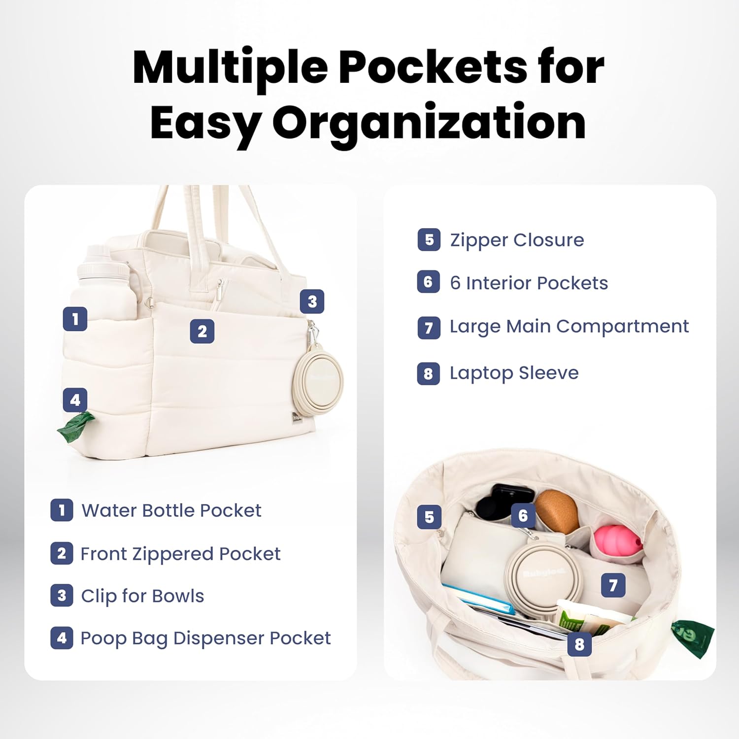rubyloo Puffer Dog Travel Bag for Dog Moms – Doggy Diaper Bag with Pet Bowls & Food Storage or Everyday Puffy Tote – Doggy Mom Gifts for Women – Lightweight, Travel-Ready Gift for Pet Lovers – Beige - Happypetzone.online - Image 4