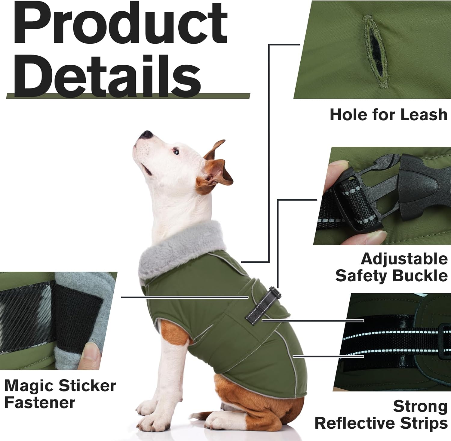 Lelepet Warm Dog Coat Reflective Fleece Vest Waterproof Dog Jacket with Adjustable Buckle Hook & Loop Windproof Cold Weather Coats for Small Medium Large Dogs, Army Green, M - Happypetzone.online - Image 5
