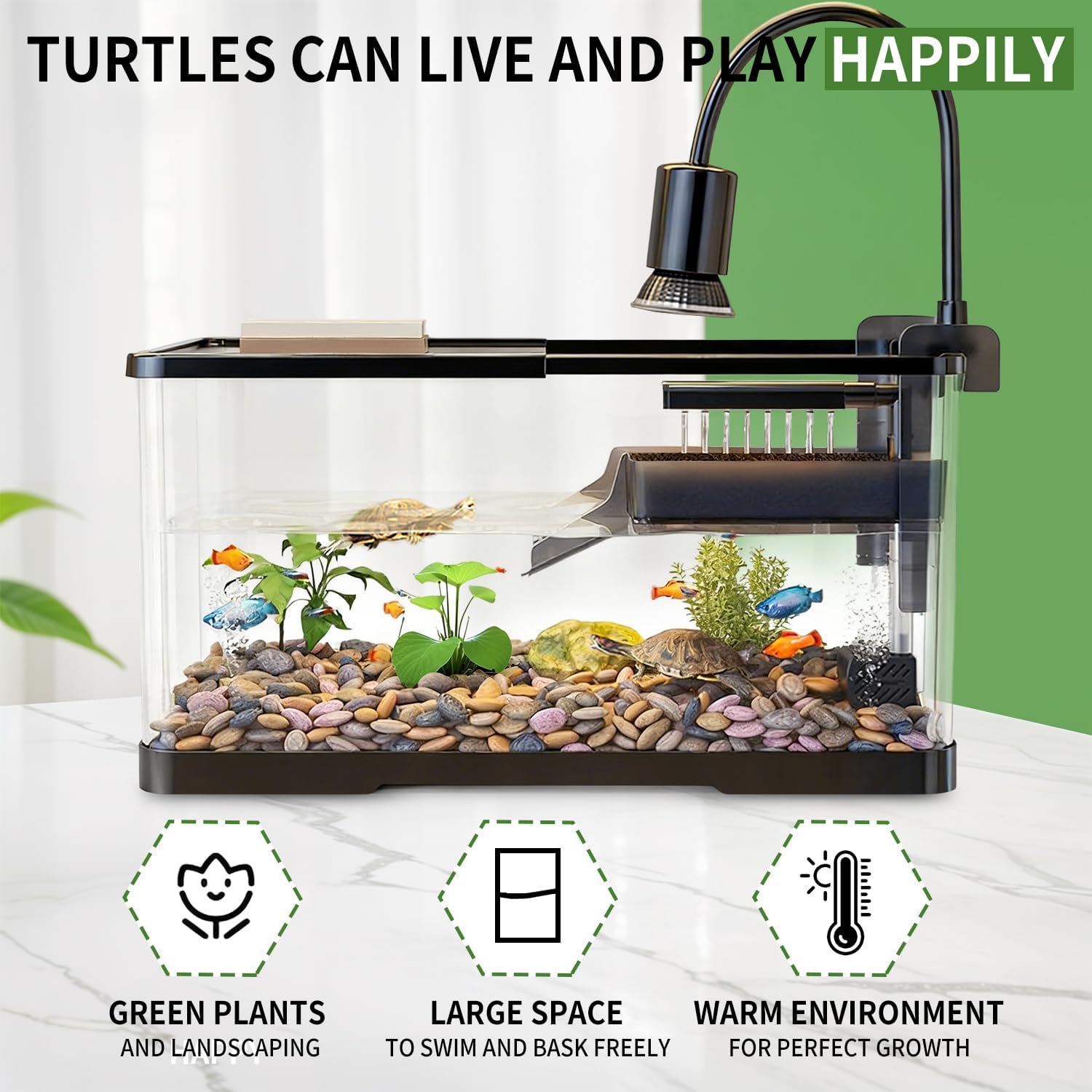 (Tank + Light +Pump + Filter + Filter Balls) Turtle Tank Kit, Turtle Tank Starter Kit,Bottom Drainage, Multi-Function Areas for Turtles, Crabs,Fishes, Amphibians,Reptiles. (21.65 x 12.28 x12.28 Inch) - Happypetzone.online - Image 3