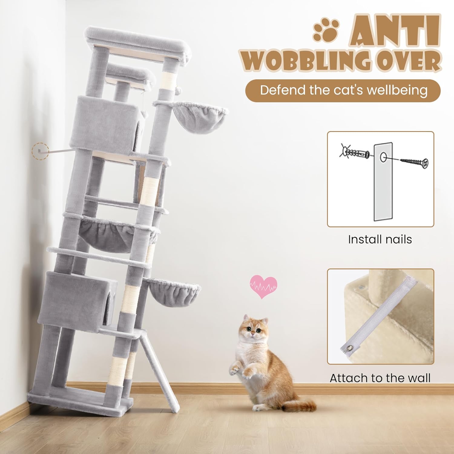 SHA CERLIN 81in Multi-Level Tall Cat Tree Tower for Indoor Kitties/Larger Cat Condo Furniture with Hammock/Cozy Pussycat Perches/Sisal Scratching Posts/Pet House/Wide Base/Grey - Happypetzone.online - Image 8
