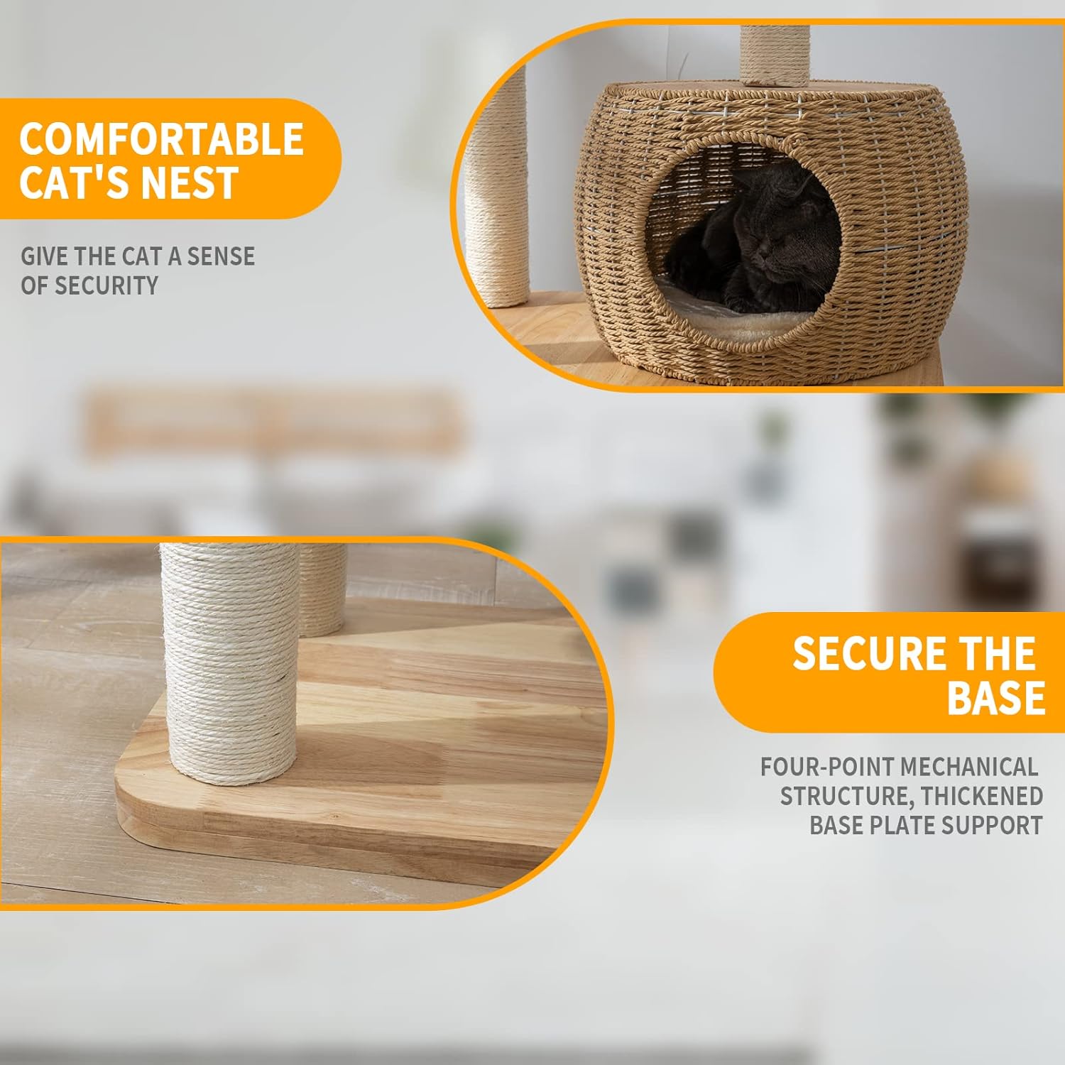 59" Big Modern Cat Tree Tower, Cat Tower Sisal-Covered Scratching Posts for Indoor Cats, Oak Wood Cat Tree for Large Cats, Multi-Level Cat Condo with Space Capsule Nest, Cat Furniture Activity Centre - Happypetzone.online - Image 5