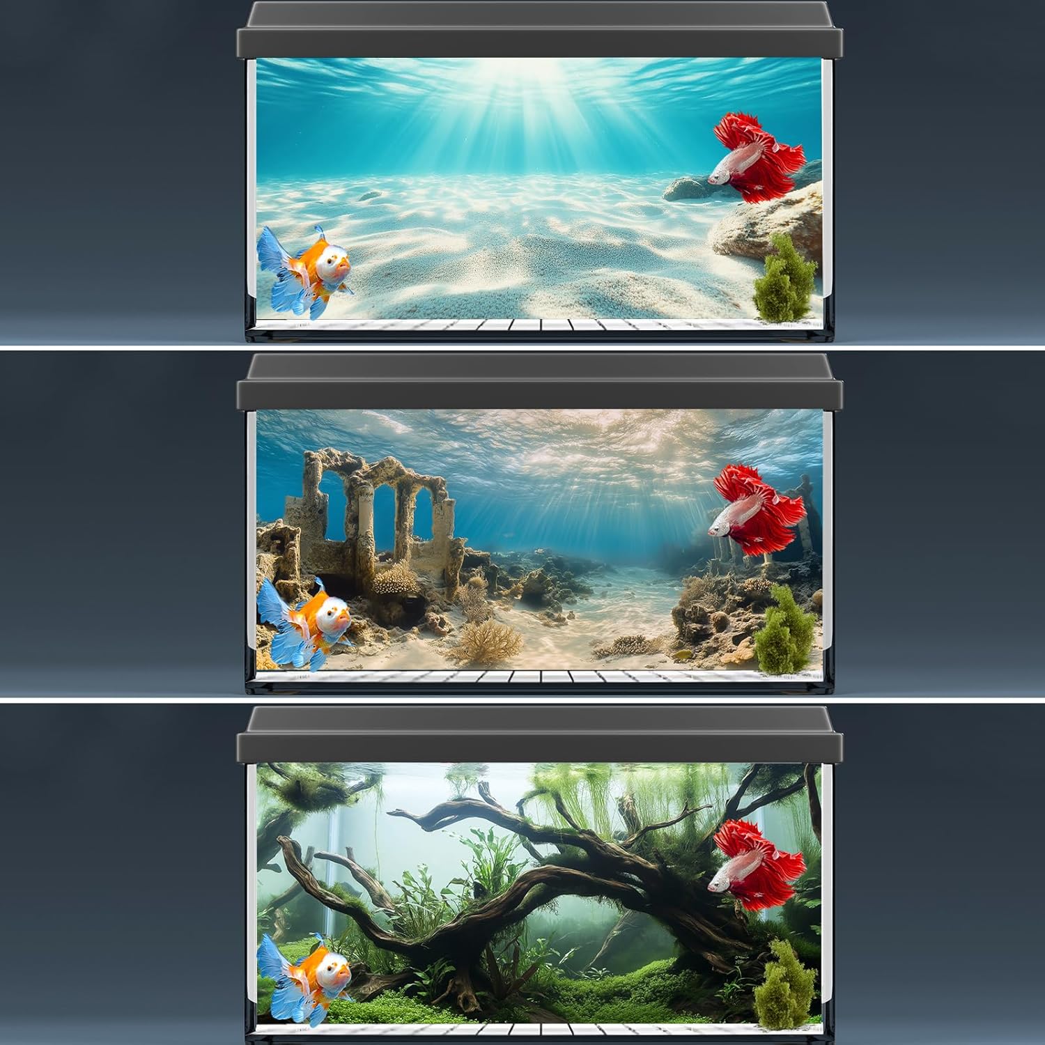 COMSUN 3 Pack Aquarium Background, 30x18 inches Polyester Aquarium Background, Cloth Fish Tank Background, Undersea Ruins Floor Sunshines & Tree Wood Branches Aquatic Plants - Happypetzone.online - Image 7