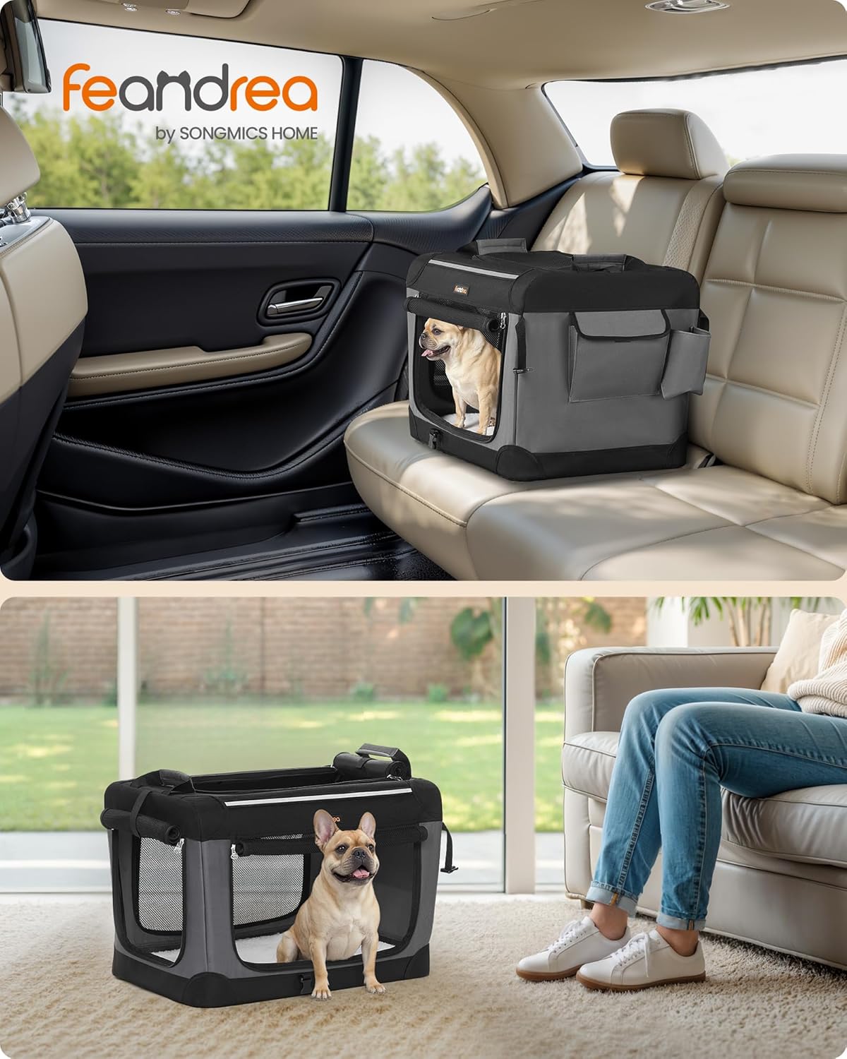 Feandrea Collapsible Dog Crate, 24-Inch Portable Dog Travel Crate for Small Dogs, Oxford Fabric Pet Carrier with 4 Mesh Doors, Handles, Storage Pocket, Water Bottle Holder, Ink Black UPDC016B01 - Happypetzone.online - Image 2