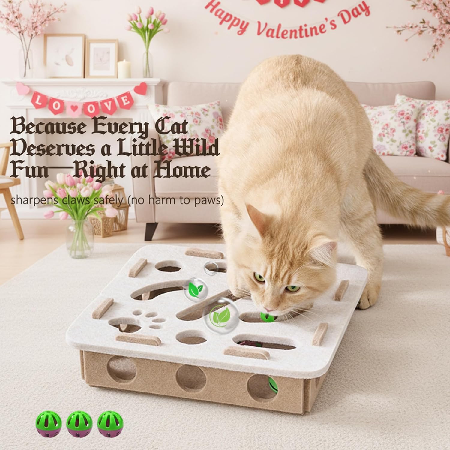 Interactive Cat Puzzle Feeder Toy - Felt Maze Box with 3 Jingle Balls for Indoor Cats Kittens | Mental Stimulation, Slow Feeding, Fun Exercise & Natural Hunting Instincts - Happypetzone.online - Image 2