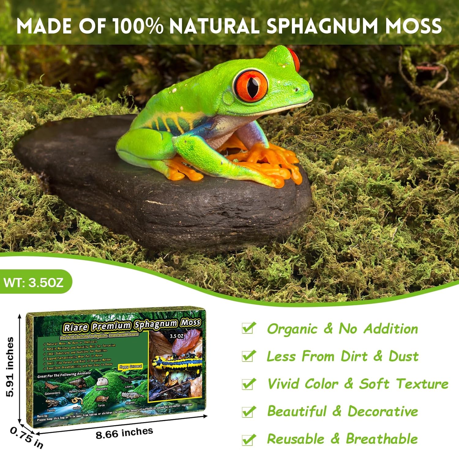 Riare 3.5 OZ Premium Sphagnum Moss for Reptiles- 4QT Natural Live Moss Reptile Moss Bedding for Terrarium, Hatching, Forest Sphagnum Moss Reptile Substrate for Snakes, Gecko, Turtles, Frogs, Leopard - Happypetzone.online - Image 2