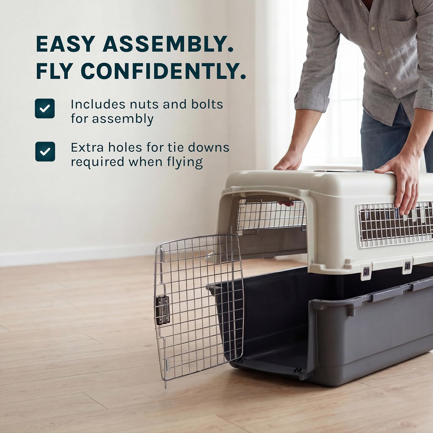 SportPet Airline Compliant MEDIUM 24.25" Travel Dog Kennel-Durable Plastic Airline Pet Carrier w/Removable Wheels & Food Bowls, Collapsible Indoor/Outdoor Dog Kennel, Dogs up to 23"L & 15"H-Cream/Gray - Happypetzone.online - Image 9