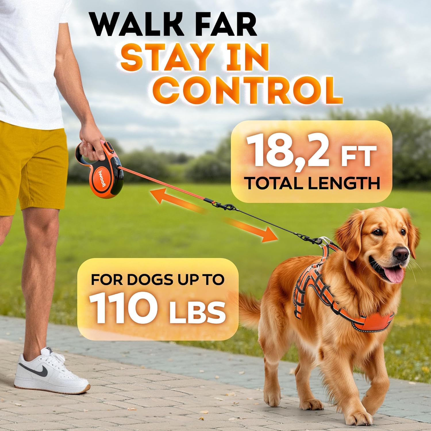 Retractable Dog Leash 18.2 ft – Chew Proof Cable Included – 360° Tangle-Free Design – Heavy Duty Reflective Leash – Soft Anti-Slip Grip Outdoor Daily for Small Medium Large Dogs up to 110 lbs (Orange) - Happypetzone.online - Image 2