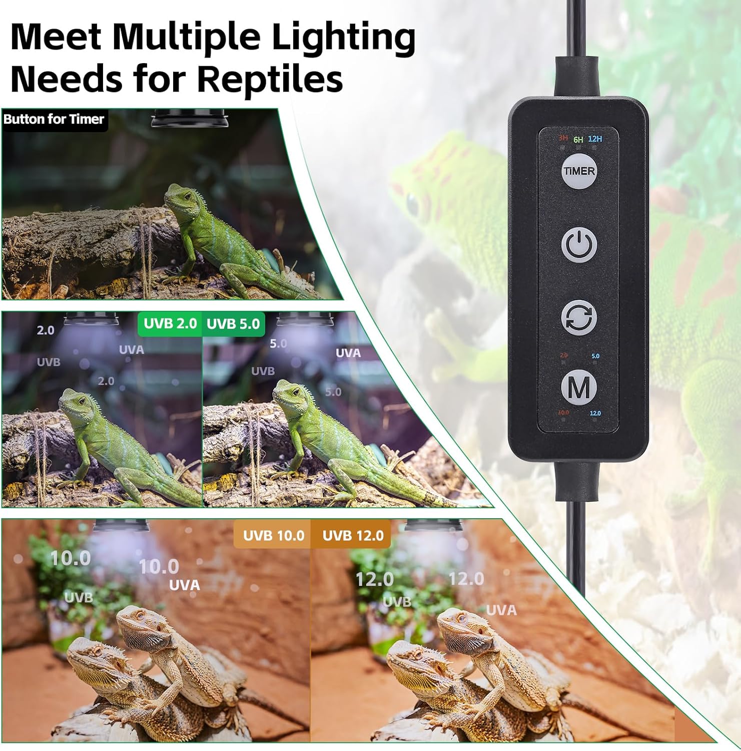 UVB Light for Reptiles with Dimming, LED UVB Light Bulb Fixture for Bearded Dragon Gecko Lizard Turtle Snake, Adjustable Brightness UVA UVB Lamp for Tropical & Desert Reptile Tank Accessories 6W Black - Happypetzone.online - Image 5
