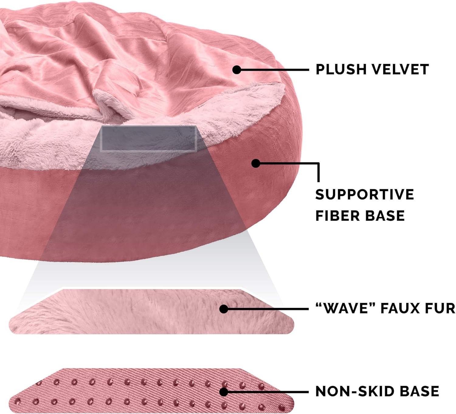 Furhaven 24" Round Calming Donut Dog Bed for Indoor Cats & Small Dogs, Washable, For Dogs Up to 20 lbs - Plush Velvet Waves Hooded Donut Bed - Rose Pink, Small - Happypetzone.online - Image 4