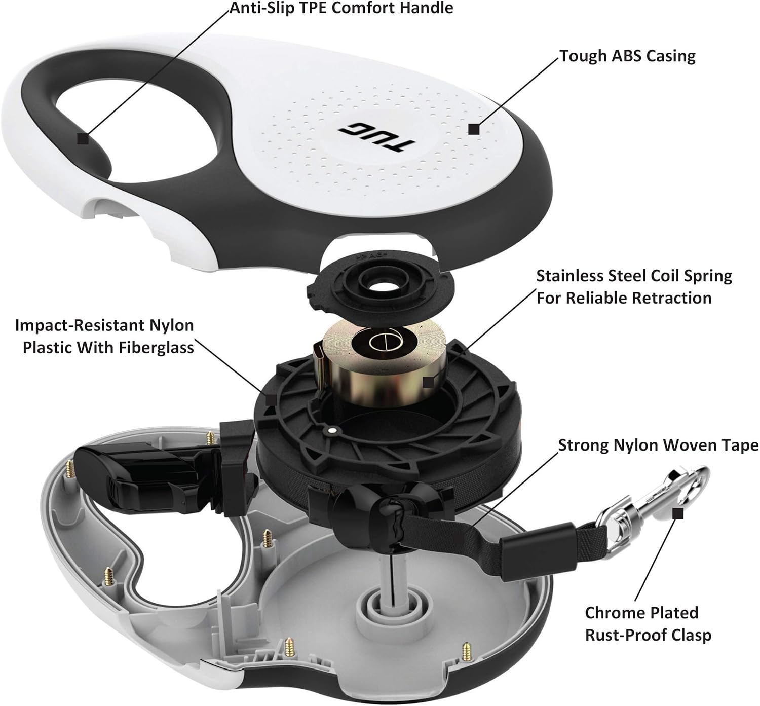 TUG 360° Tangle-Free Retractable Dog Leash | 16 ft Strong Nylon Tape | One-Handed Brake, Pause, Lock (Large, White) - Happypetzone.online - Image 5