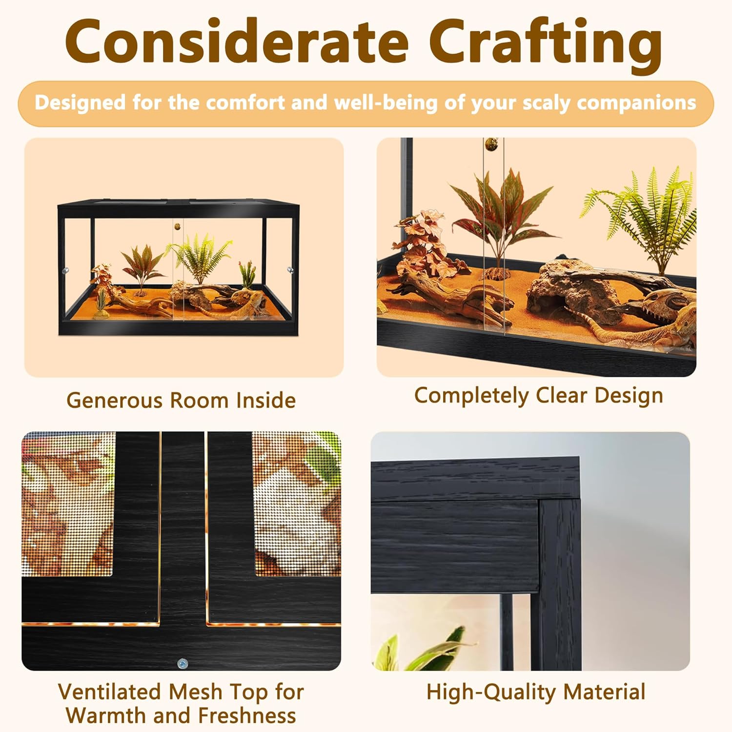 PROLEE Bearded Dragon Tank, Reptile Tank with Meatl Mesh Roof and Front Sliding Door, Lizard Tank,Spacious Reptile Enclosure for Snakes,Lguanas, Chameleons (Black, 30 Gallons) - Happypetzone.online - Image 5
