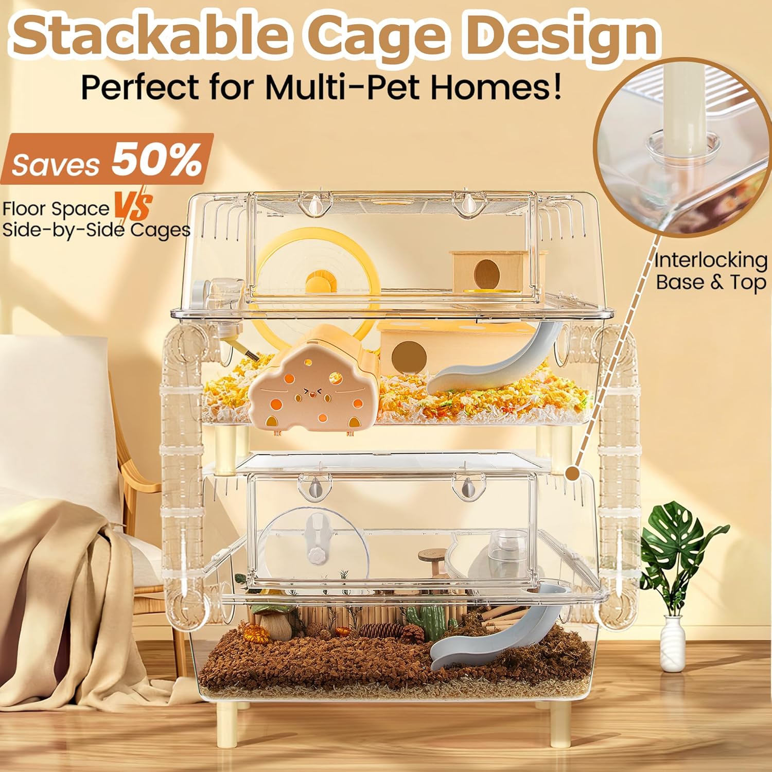 Large Hamster Cage,Crystal Clear Acrylic Hamster Cage with Stand,24.4''L*18.1''W*15.8''H Pet Mouse Cage for Pet Mice,Crystal Mouse Habitat,Hamster Enclosure with Modular Platform,Hamster Starter Kit - Happypetzone.online - Image 4