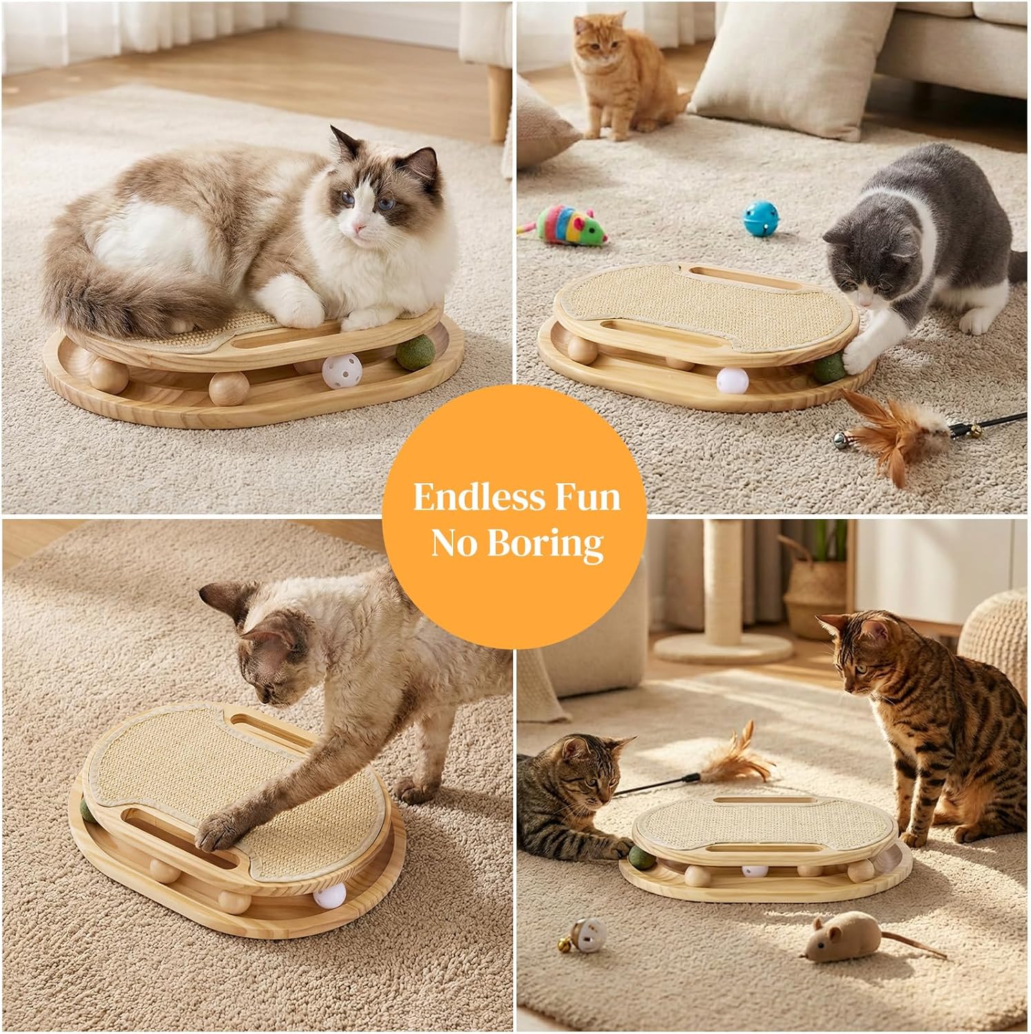 ZOMISIA Cat Scratcher with Ball Track Toy, Sisal Scratch Pad for Indoor Adult Cats, Wooden Interactive Cat Puzzle Toys for Kitten Mental Stimulation Self Play Home Enrichment - Happypetzone.online - Image 7