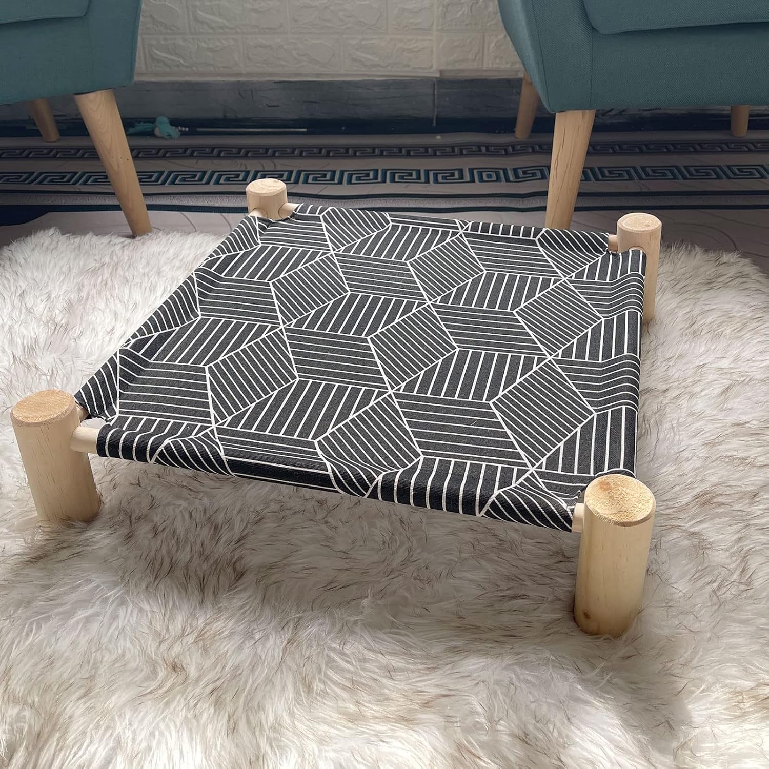 Pozico Cat/Dog Bed Hammock Cat Bed, Wooden Dog Elevated Indoor Outdoor Beds, Raised Cat Cots Furniture Pet Bed Puppy Bed Portable Breathable Mesh Cat Beds for Small Animals-Black Diamond - Happypetzone.online - Image 3