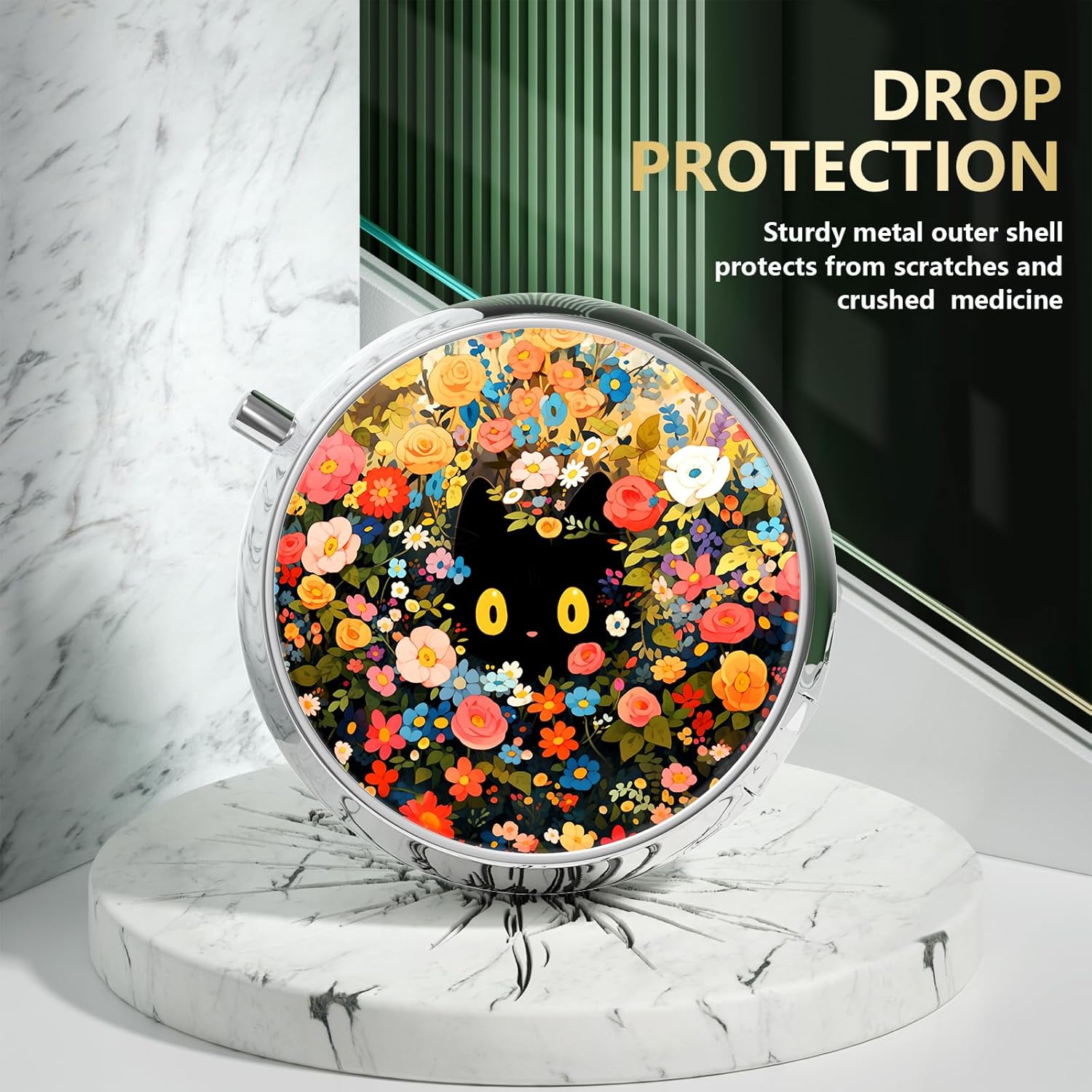 Nipichsha Pill Box, Small Pill Case for Purse & Pocket, Cute Travel Medicine Organizer, Portable Medicine Container Holder to Hold Vitamins, Medication, Fish Oil & Supplement, Flower Cat - Happypetzone.online - Image 4