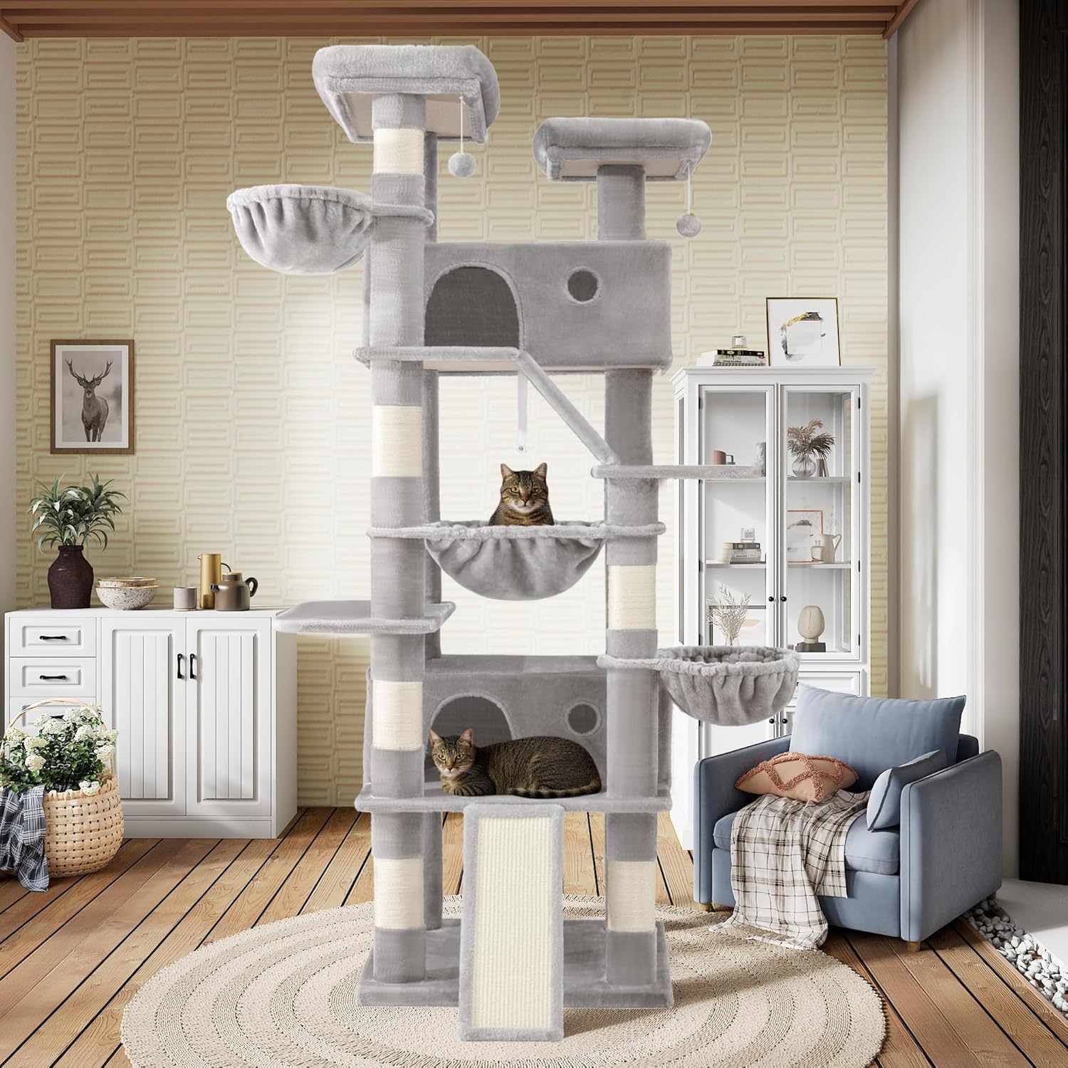 SHA CERLIN 81in Multi-Level Tall Cat Tree Tower for Indoor Kitties/Larger Cat Condo Furniture with Hammock/Cozy Pussycat Perches/Sisal Scratching Posts/Pet House/Wide Base/Grey - Happypetzone.online - Image 3
