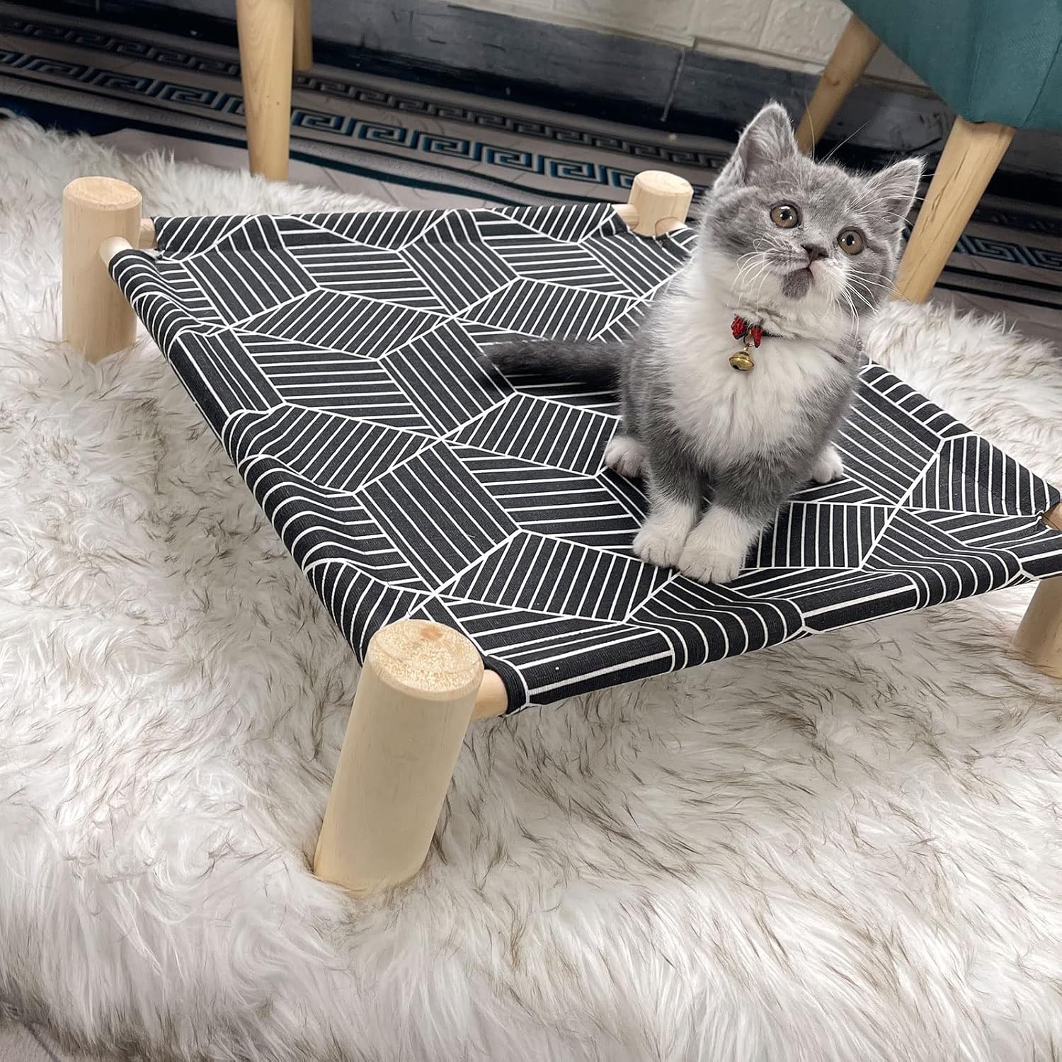 Pozico Cat/Dog Bed Hammock Cat Bed, Wooden Dog Elevated Indoor Outdoor Beds, Raised Cat Cots Furniture Pet Bed Puppy Bed Portable Breathable Mesh Cat Beds for Small Animals-Black Diamond - Happypetzone.online - Image 2