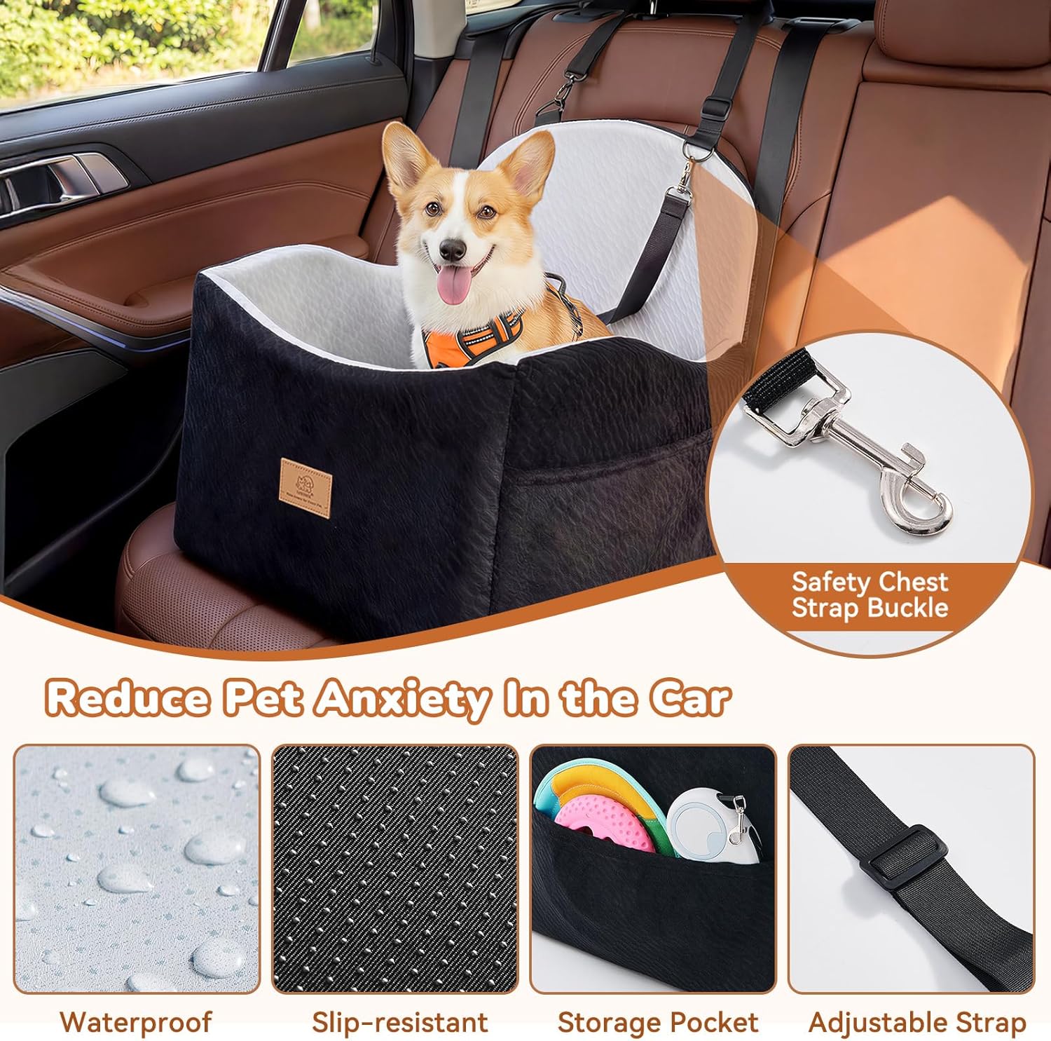 Dog Car Seat for Medium/Small Dogs, Dog Booster Car Seat, Pet Booster Seats Up to 40lbs with Waterproof Layer, 3 Storage Pockets and Safety Belt (Black/Grey) - Happypetzone.online - Image 4