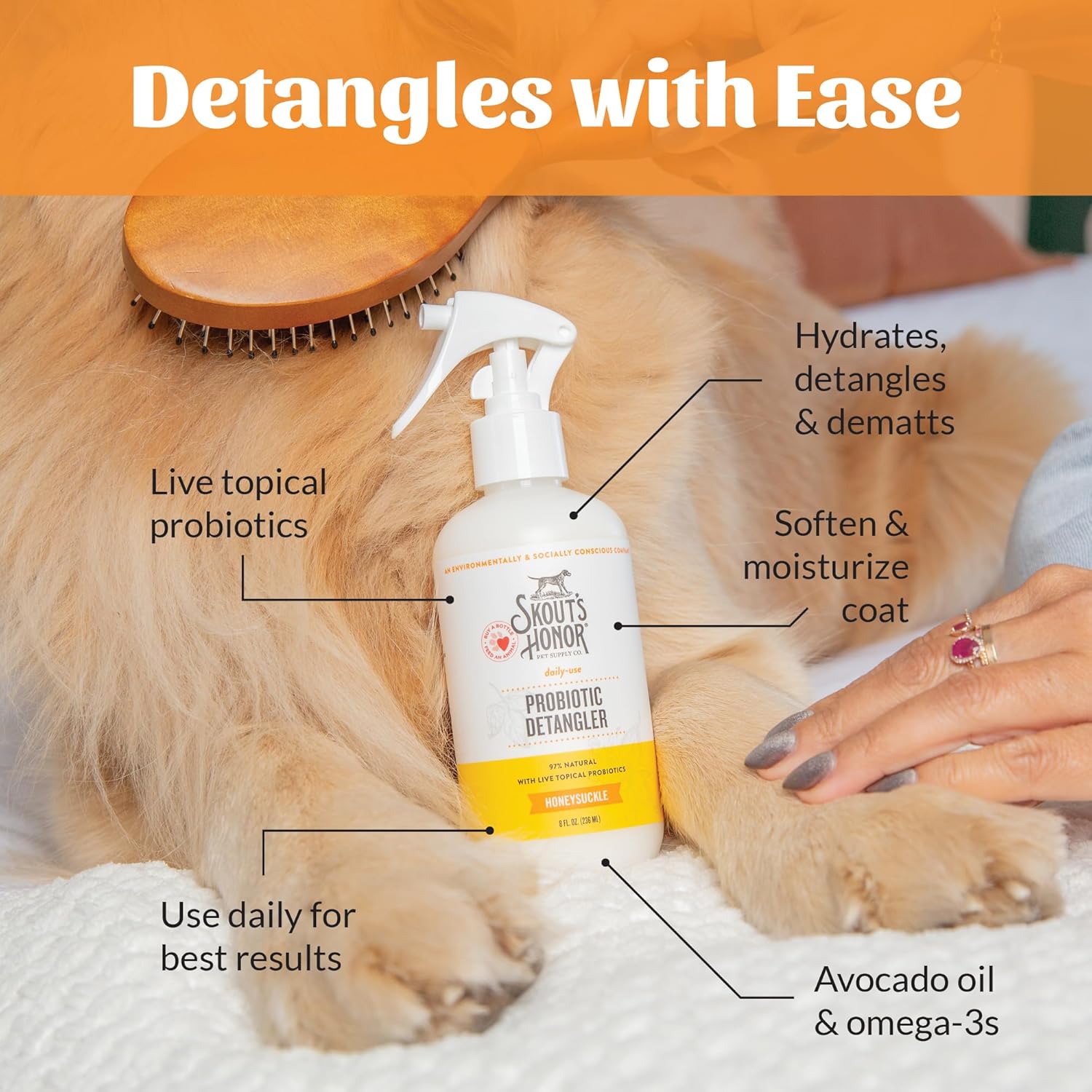 Skout's Honor Probiotic Pet Detangler Spray - Hydrating & Conditioning w/Avocado Oil, 97% Natural, Paraben & Sulfate-Free, softens for a More brushable Coat, Daily Use, 8oz, Honeysuckle - Happypetzone.online - Image 6
