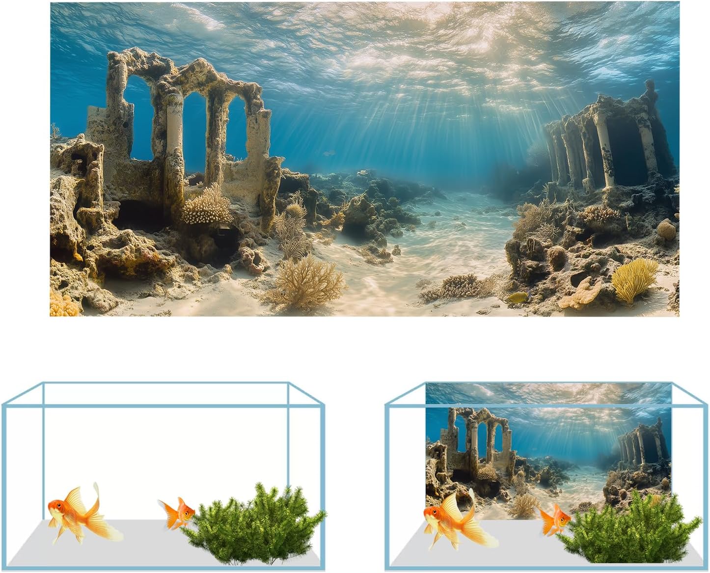 COMSUN 3 Pack Aquarium Background, 30x18 inches Polyester Aquarium Background, Cloth Fish Tank Background, Undersea Ruins Floor Sunshines & Tree Wood Branches Aquatic Plants - Happypetzone.online - Image 3