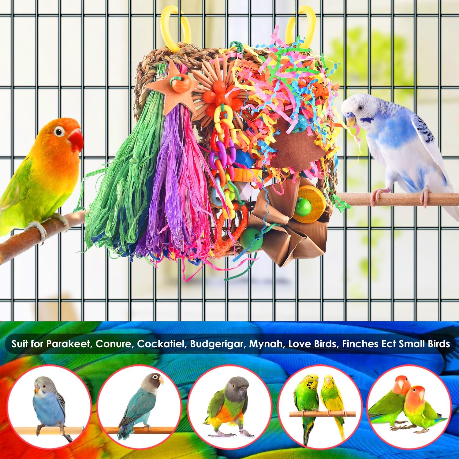 KATUMO Conure Toys, Bird Grass Mat Parakeet Shredder Hanging Toy Cockatiel Foraging Entertainments Parrot Climbing Wall Chewy Lovebird Cage Playthings for Small to Medium Birds - Happypetzone.online - Image 5