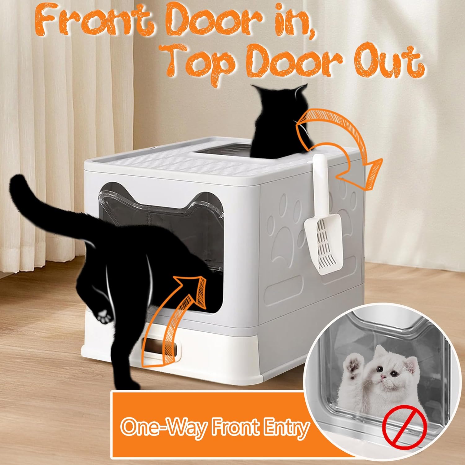Enclosed Cat Litter Box with Lid Top Exit Covered Metal Stainless Steel Litter Box Leak Proof & Odorless Easy to Clean Including Cat Litter Scoop and Litter Mat - Happypetzone.online - Image 2