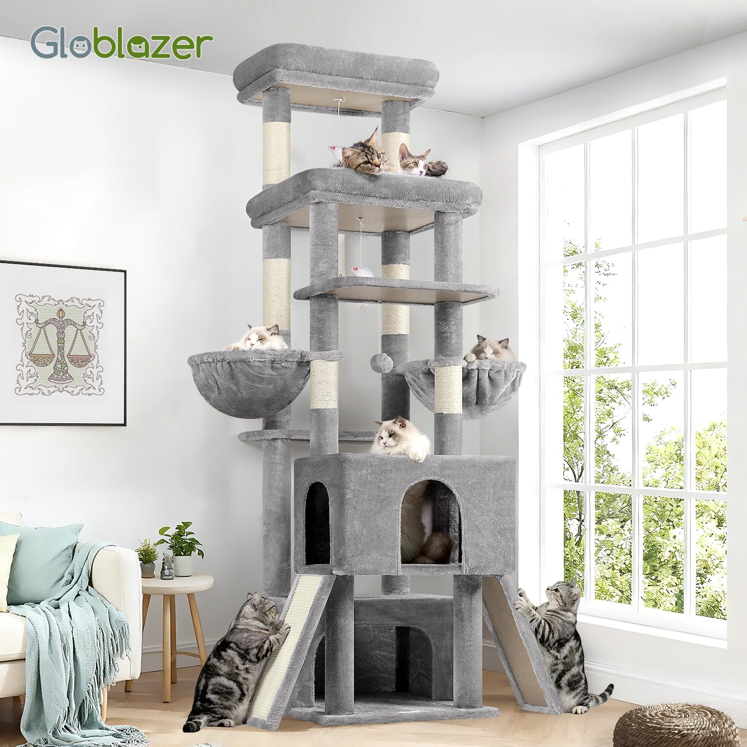 Globlazer Heavy Duty Cat Tree 78 inch Sturdy Cat Tower for 20lbs Large Adult Cats, Symmetrical Aesthetic Big Cat Tree with Extra Large Platform, 2 Scratching Boards, Z78, Light Grey - Happypetzone.online - Image 7