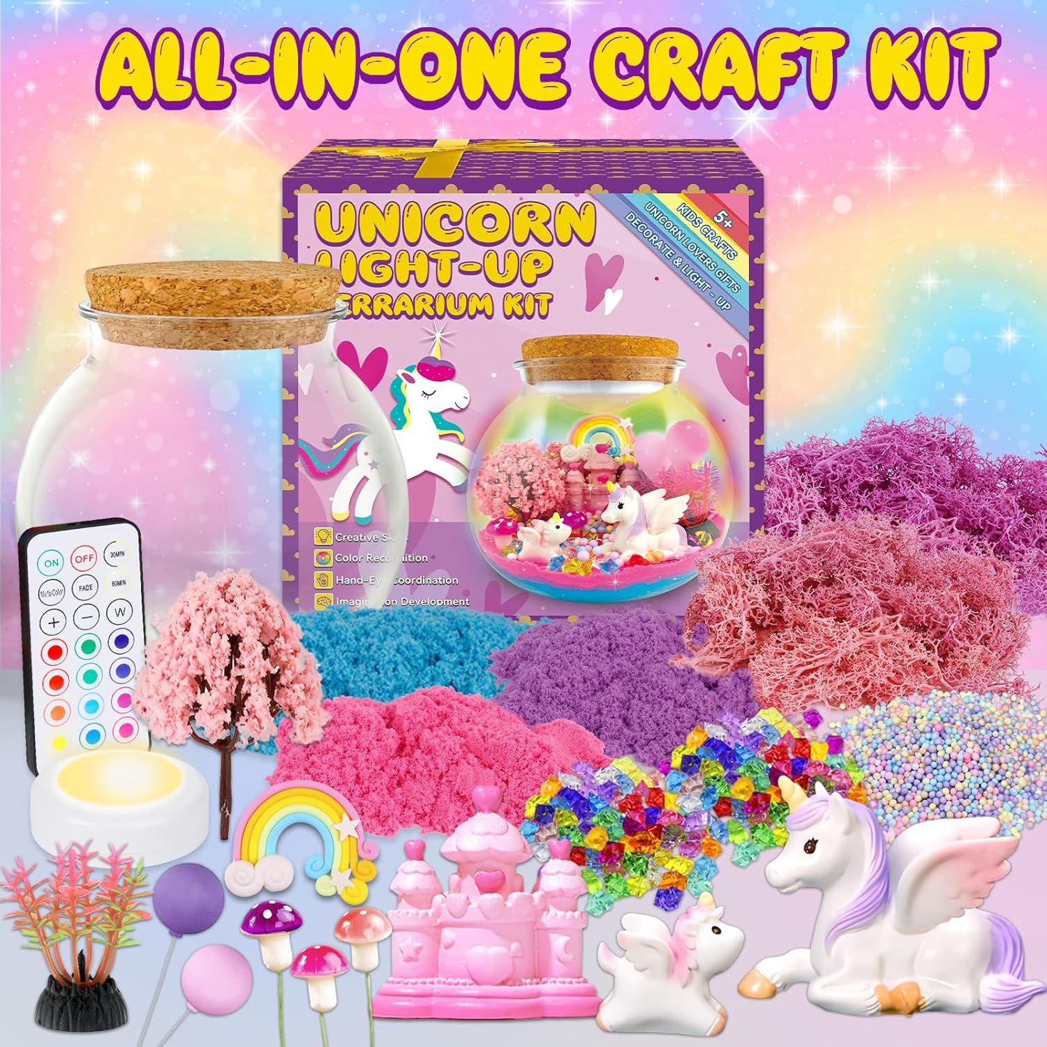 7july Unicorn Terrarium Crafts Kit for Kids-LED Night Light Up & Remote Unicorn Birthday Gifts Toys for Girls Ages5 6 7 8 9 10 Year Old-Christmas Gifts for Girls - Happypetzone.online - Image 4