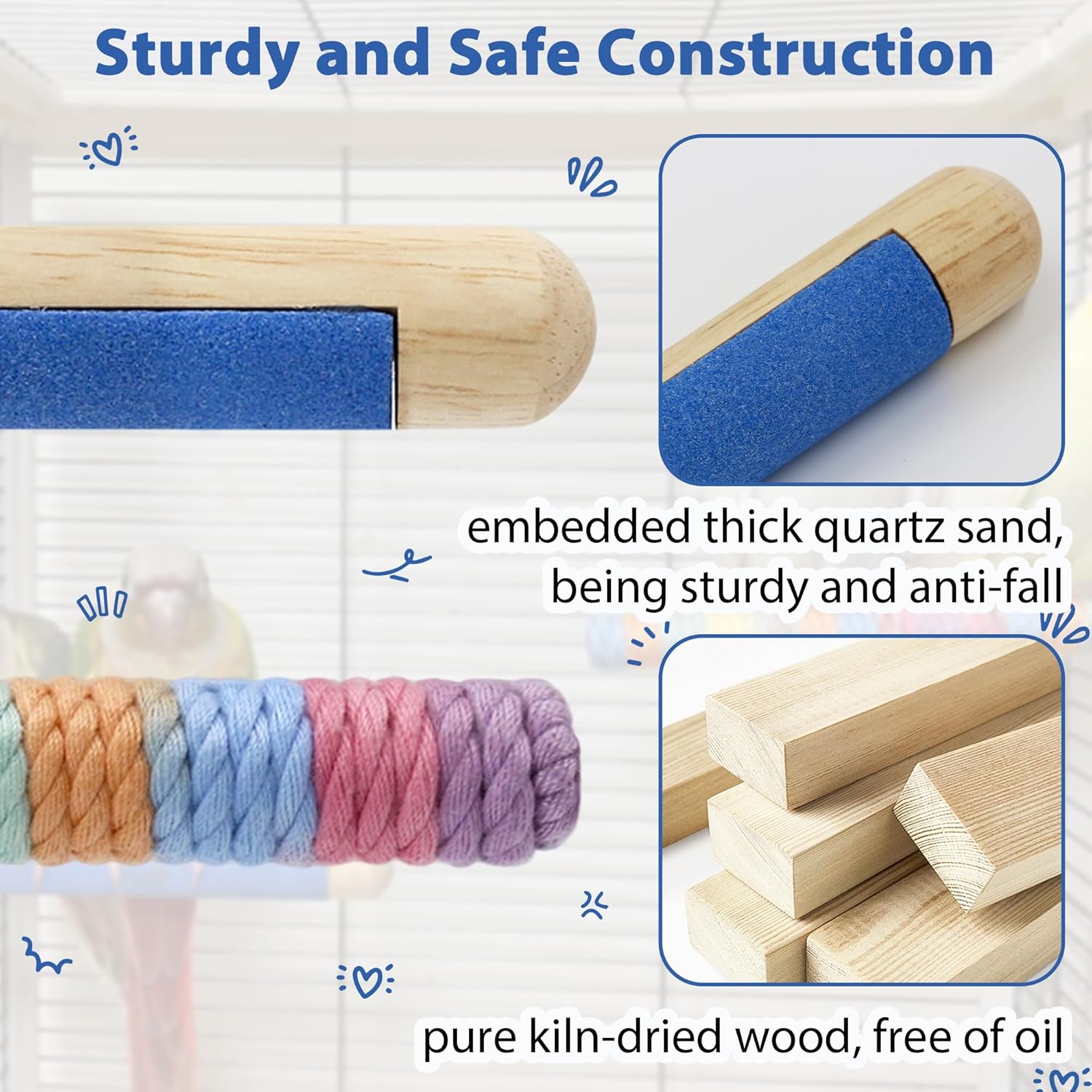 2Pcs Bird Perch for Cage, Upgraded Wooden Parrot Perch with Embedded Quartz for Gentle Claw & Nail Trimming, Cotton Rope Parakeet Perch for Soft Grip, Daily Care and Comfort Set for Cockatiel Lovebird - Happypetzone.online - Image 4