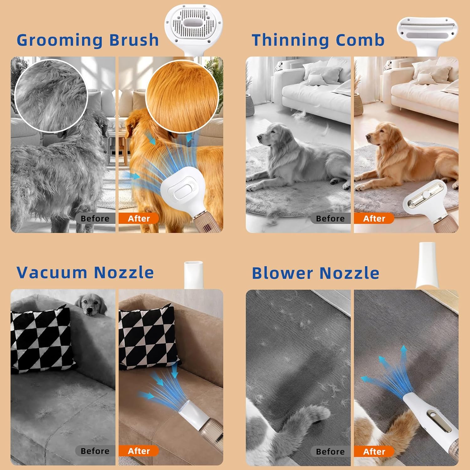 Vacuum Grooming Brush for Dog,4-In-1 Slicker Brush Kit for Shedding, Undercoat Deshedding Tool,Loose Hair Remover for Dog & Cat, Portable Pet Grooming Vacuum (white) - Happypetzone.online - Image 2