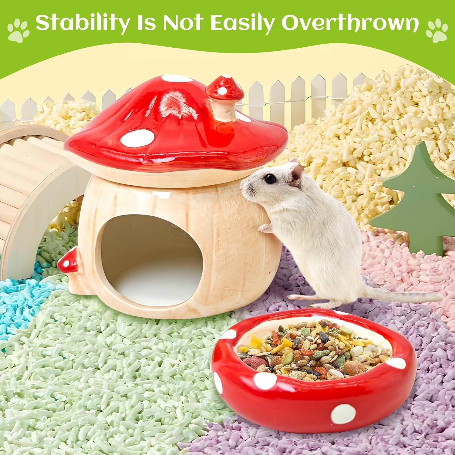 BNOSDM 3-in-1 Ceramic Hamster Hideout, Food Bowl, Water Bottle with Stand - Mushroom Shape - Red - Happypetzone.online - Image 5