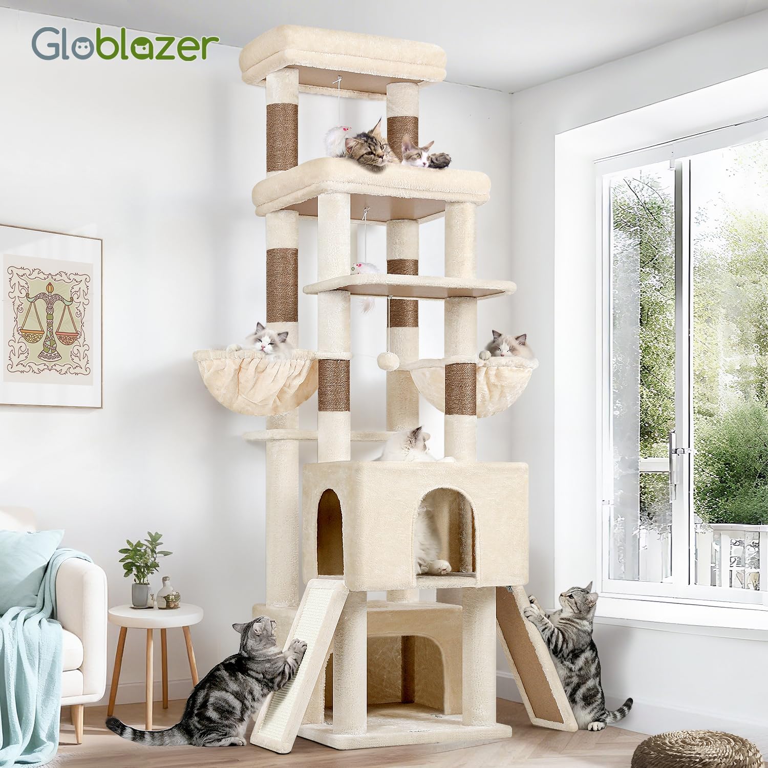 Globlazer Heavy Duty Cat Tree 78 inch Sturdy Cat Tower for 20lbs Large Adult Cats, Symmetrical Aesthetic Big Cat Tree with Extra Large Platform, 2 Scratching Boards, Z78, Beige - Happypetzone.online - Image 7