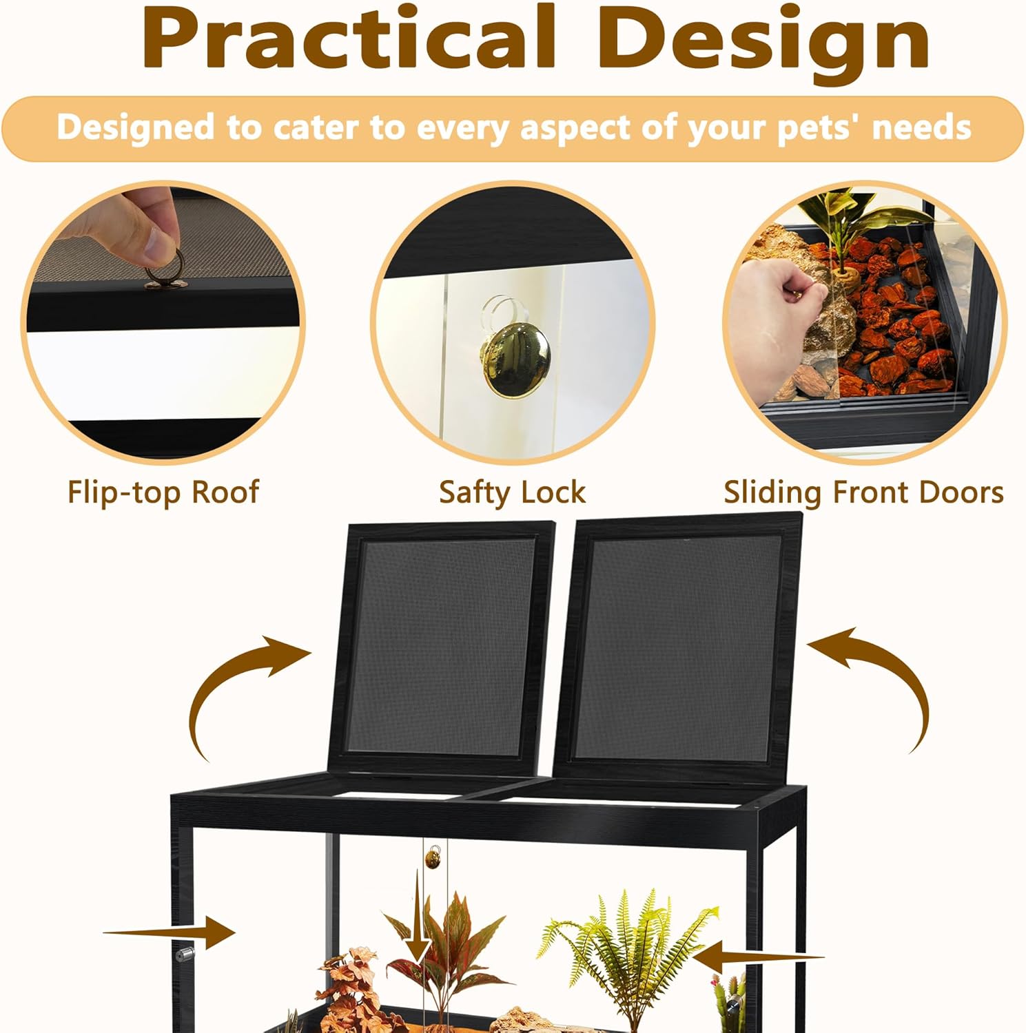 PROLEE Bearded Dragon Tank, Reptile Tank with Meatl Mesh Roof and Front Sliding Door, Lizard Tank,Spacious Reptile Enclosure for Snakes,Lguanas, Chameleons (Black, 30 Gallons) - Happypetzone.online - Image 2