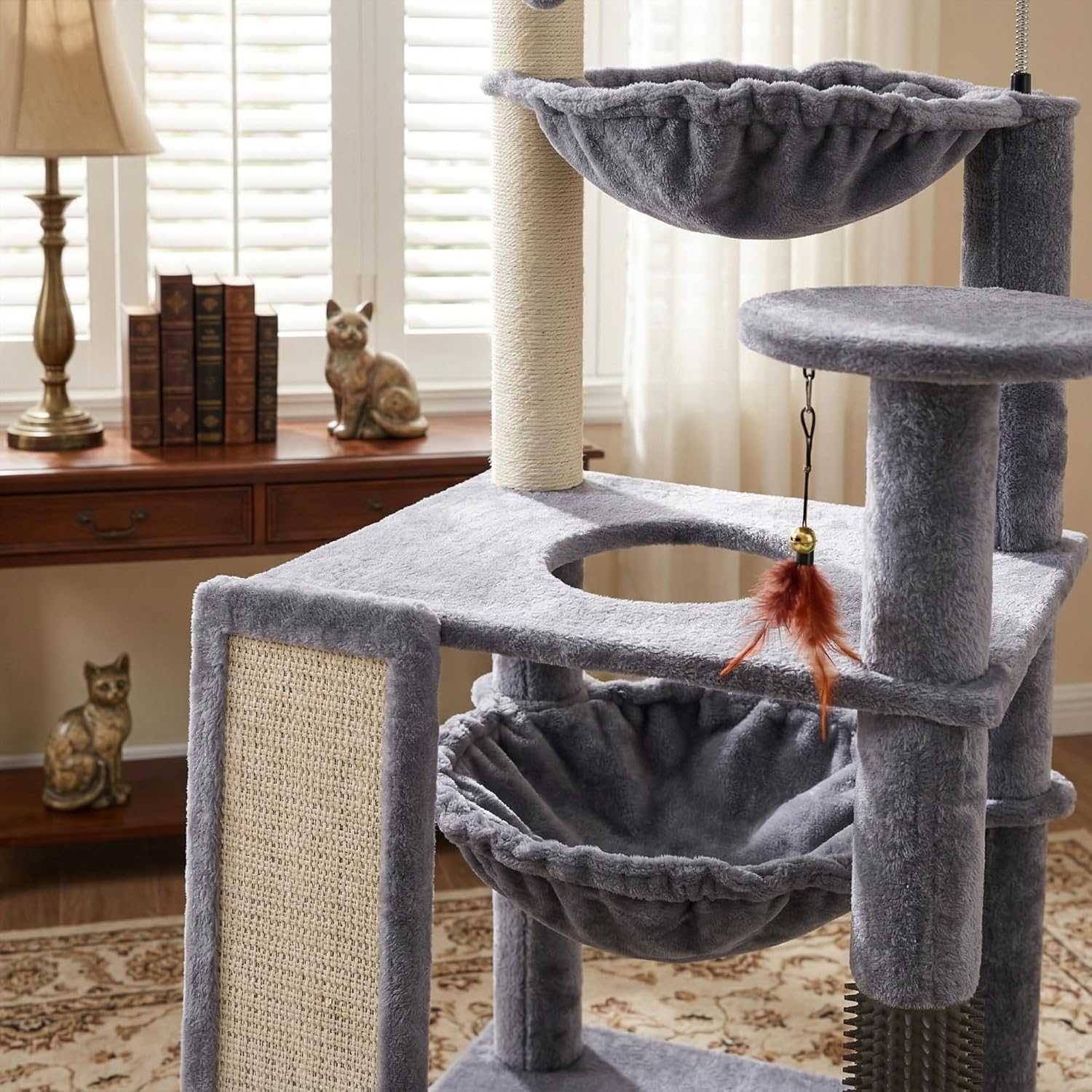 Multi-Level Cat Tree for Indoor Cats, Cat Tree Tower with Big Cat Hammock and Self-Grooming Brush, Cat Tower with Scratch Ladder, Indoor Climbing Activity Tower with Scratching Posts, Grey - Happypetzone.online - Image 4