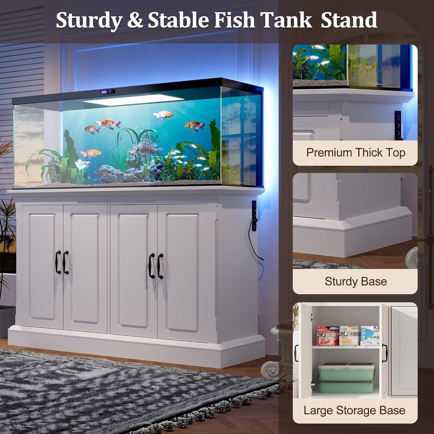 55-75 Gallon Fish Tank Stand with Power Outlet and 4 Cabinets, White Aquarium Stand with 4 AC 2 USB Ports, Heavy Duty Reptile Terrarium Cabinet, 880LBS Capacity, Aquarium Not Included - Happypetzone.online - Image 4