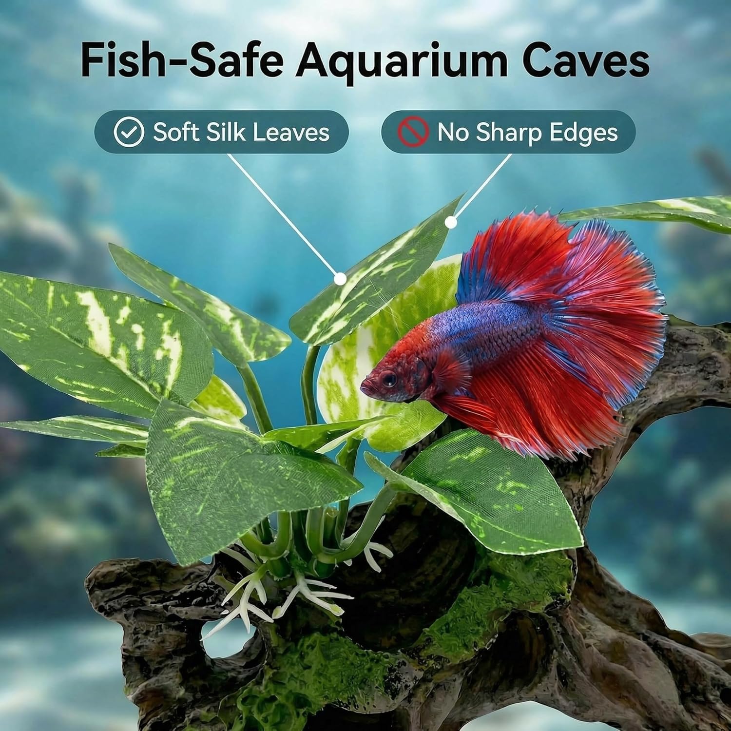 Aquarium Decor Cave with Silk Plants Fish Tank Decorations Ornament Small Aquarium Plants for Betta Goldfish Bowl Artificial Driftwood - Happypetzone.online - Image 4