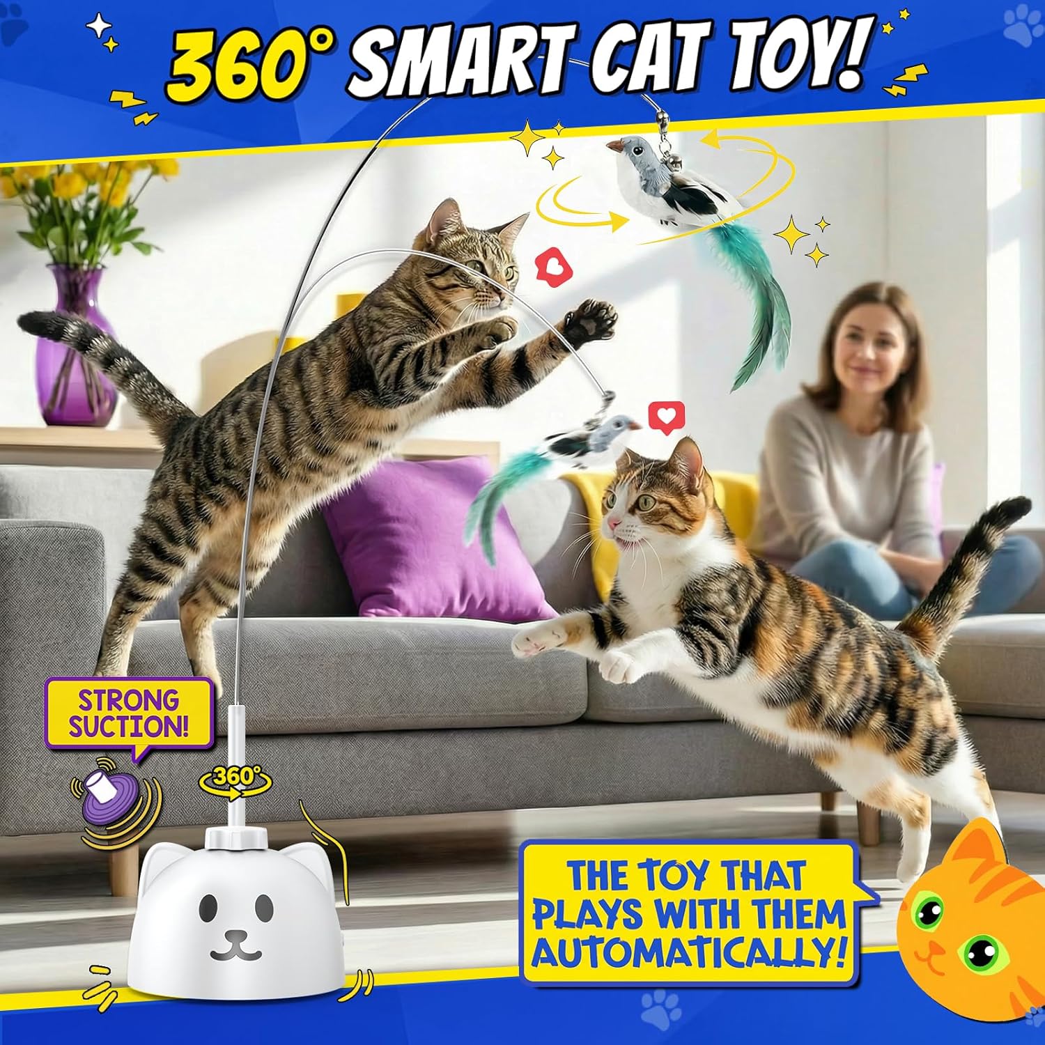 Interactive Cat Toys for Indoor Cats - Automatic Flying Bird Feather Toy, USB Rechargeable Electric Cat Teaser with Sticky Suction Base, Smart Motion Activated Self-Play Enrichment Toy for Bored Cats - Happypetzone.online - Image 2