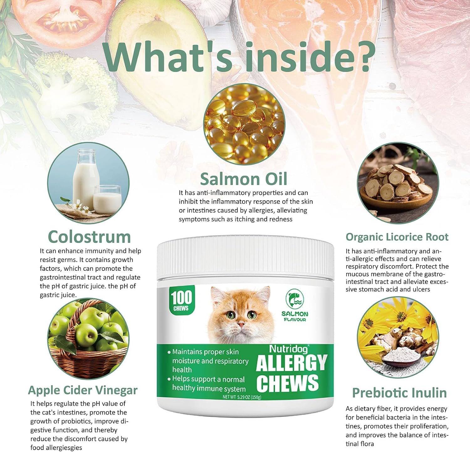 Cat Allergy Relief Chews for Seasonal Allergies - Itchy Skin, Sneezing & Paw Licking Remedy with Colostrum, Probiotics 300M CFU & Omega 3, Salmon Flavor Soft Chews, 100 Count - Happypetzone.online - Image 2