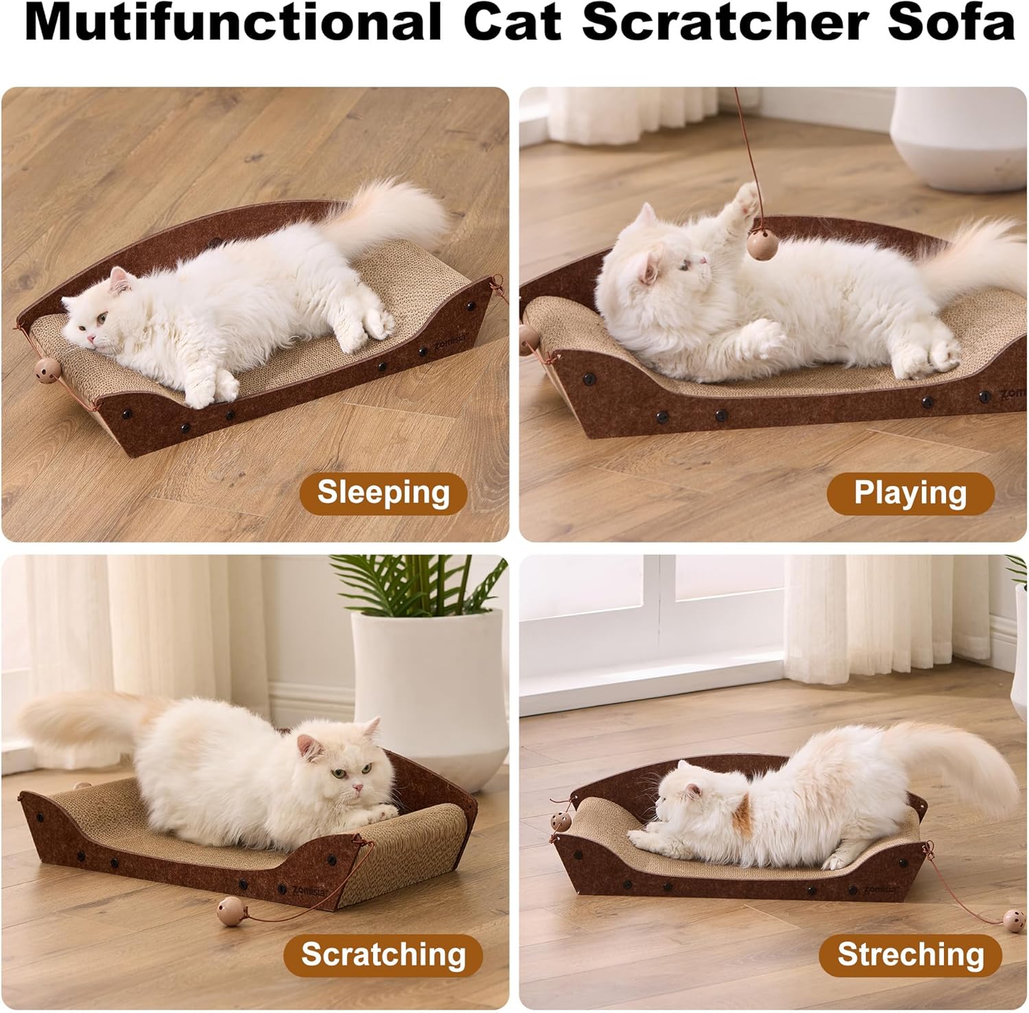 ZOMISIA 26'' Cardboard Cat Scratcher Bed - Large Scratcher Couch for Indoor Cats, Orthopedic Scratching Board, Lounger Scratching Couch with Bells - Happypetzone.online - Image 5