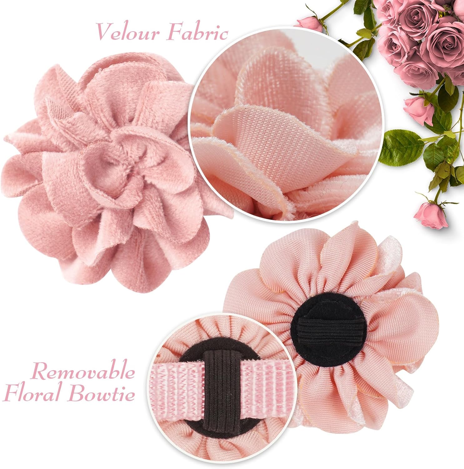 azuza 2 Pack Cat Collar Floral with Bell and Removable Flower Bowtie Breakaway Adjustable Velvet Fabric Cat Collar for Pets and Daily Decoration, Light Pink & Dark Pink - Happypetzone.online - Image 4