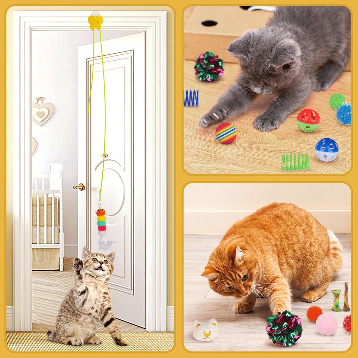 QUOZUO Kitten Toys - 38PCS Cat Play Set, Sparkle Balls, Plush Pom Pom Balls, Hanging Door Toy, Gift Box Styles - Happypetzone.online - Image 5