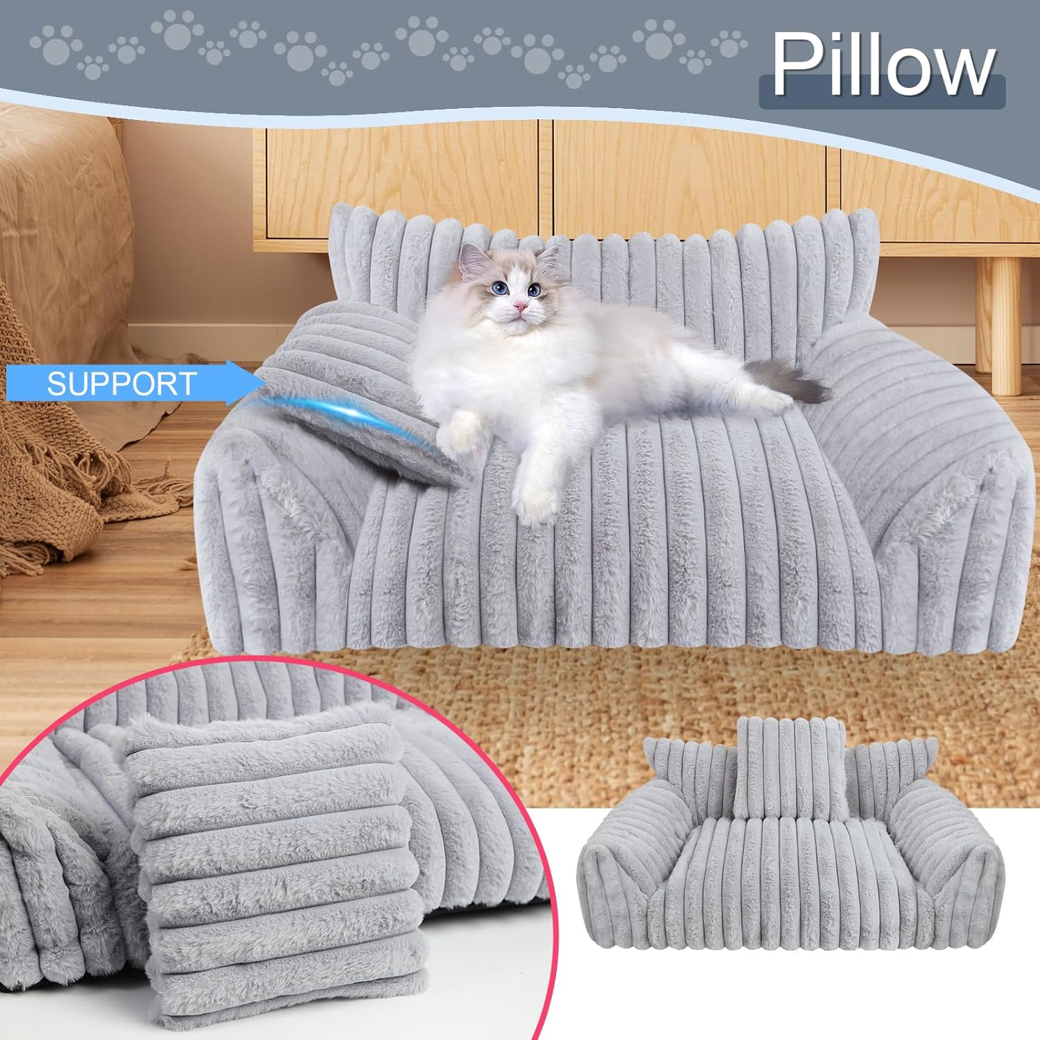 Cute Cat Couch Bed for Indoor Cats, Fluffy Pet Cat Sofa with Premium Soft Corduroy Fleece, Cute Small Dog Beds for Small Dogs, Fuzzy Puppy Chair with Removable Washable Cover (30x20x10,Grey) - Happypetzone.online - Image 2