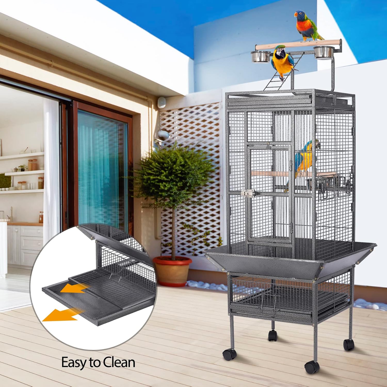 HSM 62 Inch Wrought Iron Large Bird Flight Cage with Rolling Stand for African Grey Parrot Cockatiel Sun Parakeet Conure Lovebird Canary… - Happypetzone.online - Image 4